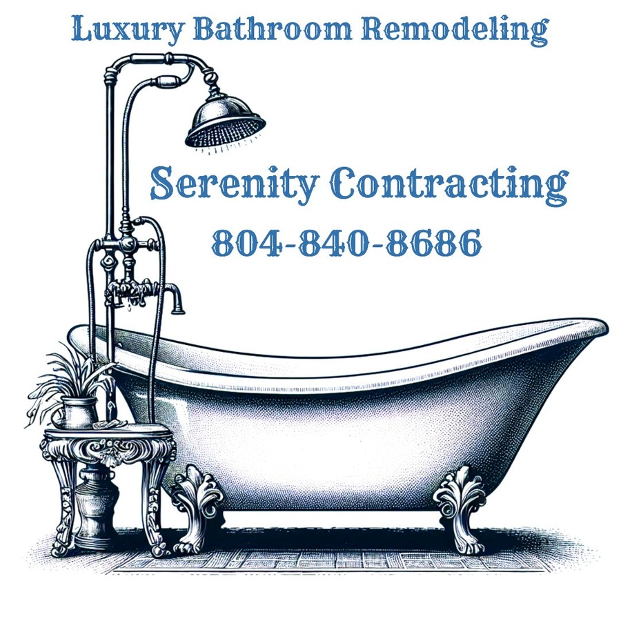 Serenity Contracting logo, a clawfoot tub engraving with the words Luxury Bathroom Remodeling
