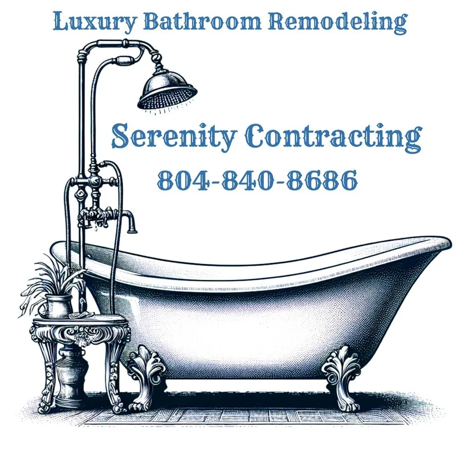Serenity Contracting logo, a clawfoot tub engraving with the words Luxury Bathroom Remodeling